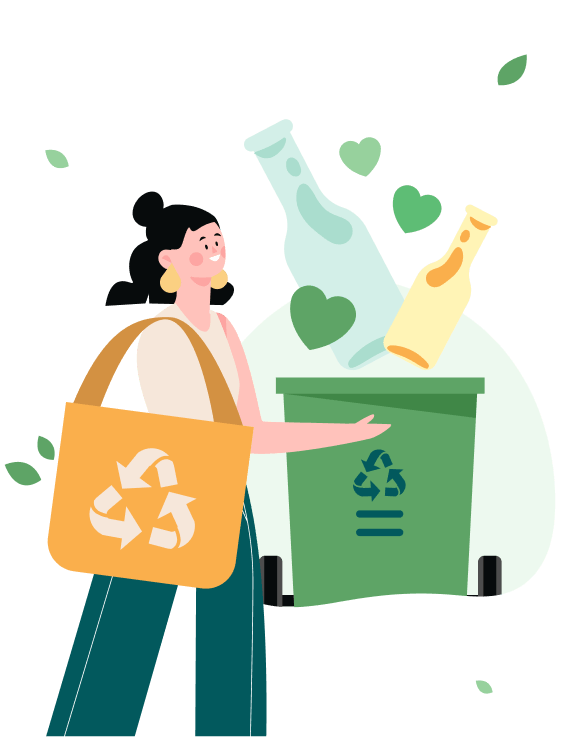 Illustration of a woman recycling with a recycling bin and hearts around